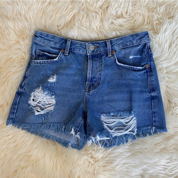 Topshop Ashley Ripped Boyfriend Button Up High Waisted Blue Shorts Holes Raw Hem - Picture 6 of 15